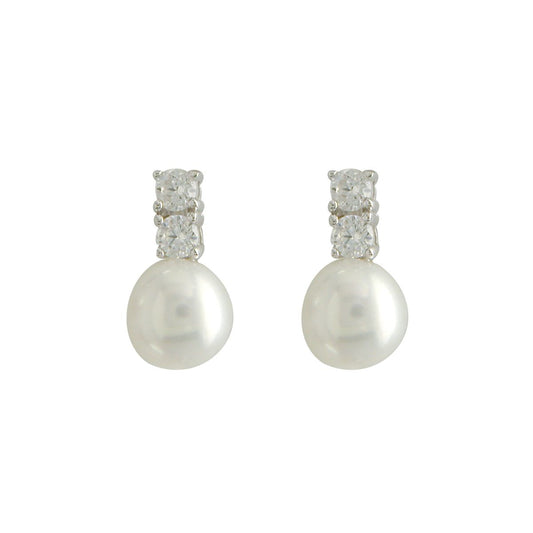 Sterling Silver Pearl & Double Brilliant Round CZ Stud Earrings Media 1 of 1