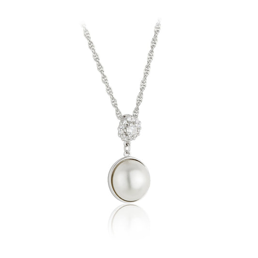 Sterling Silver Pearl & CZ Cluster Drop Spiga Necklace