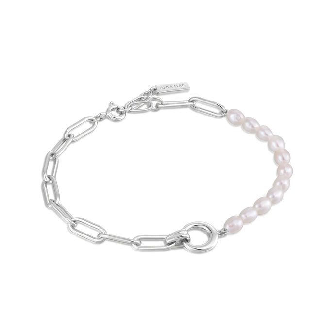 Ania Haie Rhoduim Plate Silver Half Pearl & Link Bracelet