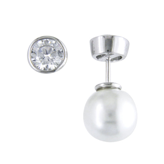 Sterling Silver Double Sided Pearl & Brilliant Round CZ Stud Earrings
