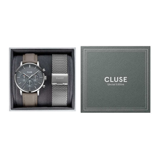 Cluse 40mm Aravis Date Mesh & Leather Strap Watch Giftset