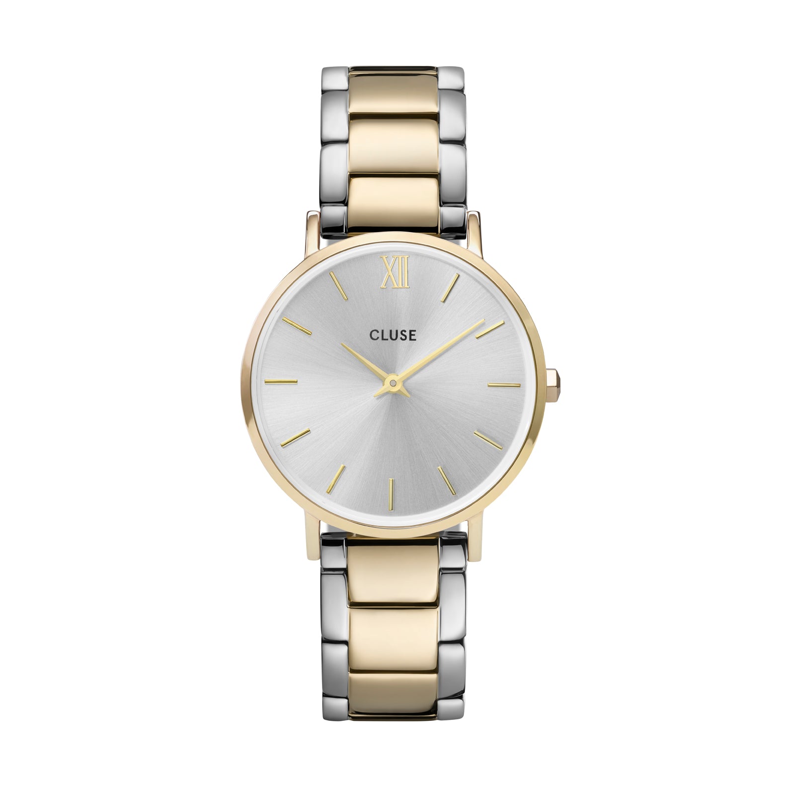 An image of Cluse 33mm Minuit Silver & Yellow Gold Tone Stainless Steel Watch From official stockists Jack Murphy Jewellers