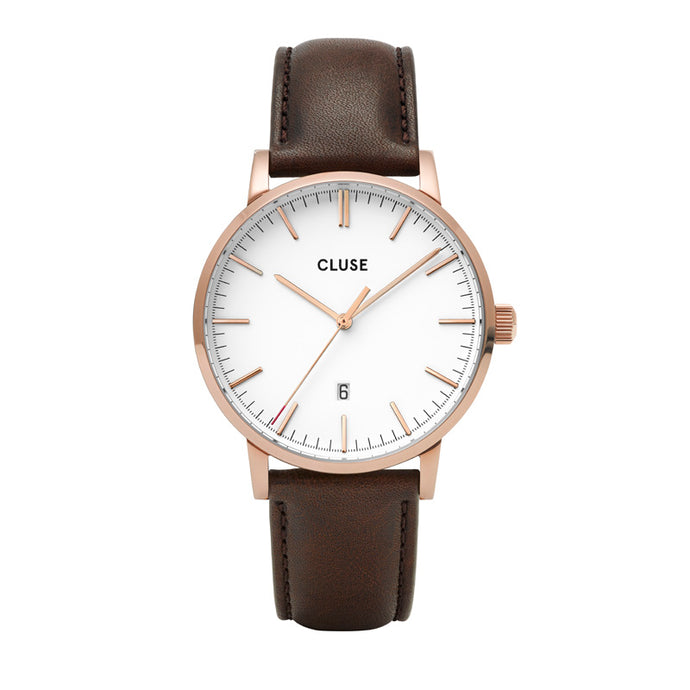 Cluse 40mm Aravis Classic White Dial Date Tracker Leather Watch