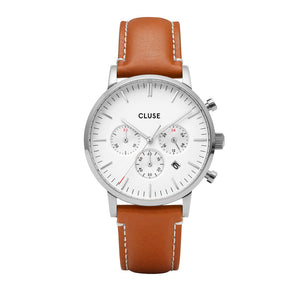Cluse 40mm Aravis White Chronograph & Date Window Leather Strap Watch