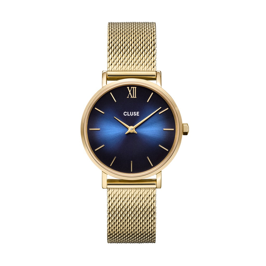 An image of Cluse 33mm Minut Deep Blue Dial Gold Coloured Stainless Steel Watch From official stockists Jack Murphy Jewellers