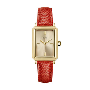 Cluse 30mm Fluette Yellow Dial Yellow Gold Toned Red Lizard Leather Strap Watch