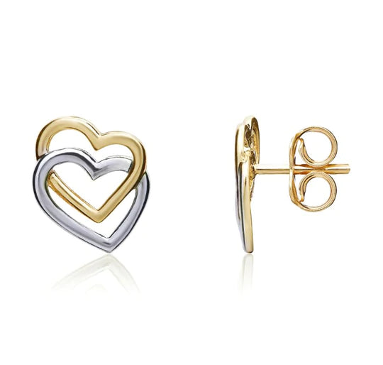 9ct Yellow & White Gold Double Heart Stud Earrings