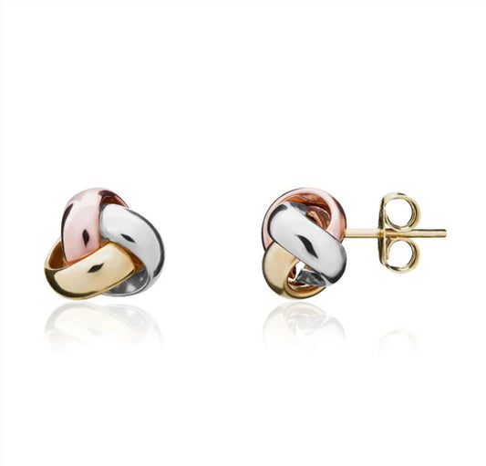 9ct Yellow, White & Rose Gold Three Tone 9mm Knot Earrings