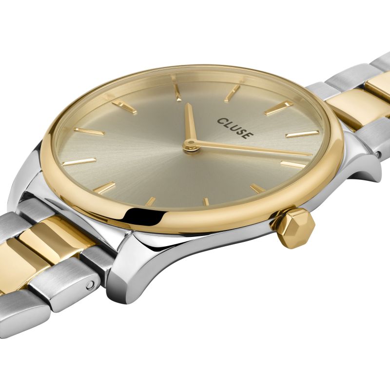 Cluse 36mm Féroce Two Tone Stainless Steel and Soft Gold Link Watch Flat side crown view