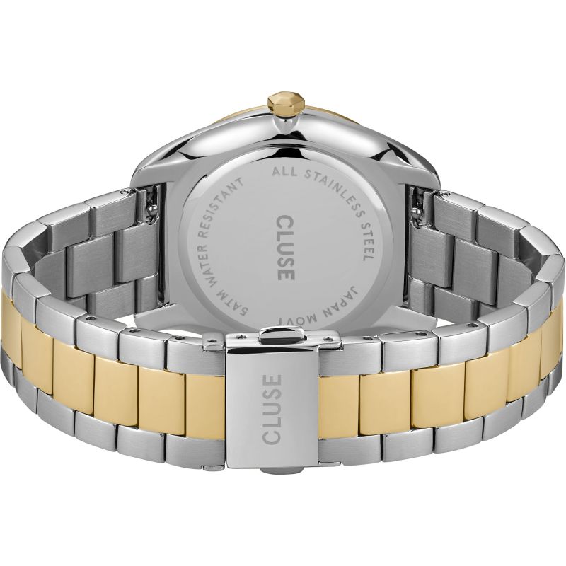 Cluse 36mm Féroce Two Tone Stainless Steel and Soft Gold Link Watch Closed clasp back view