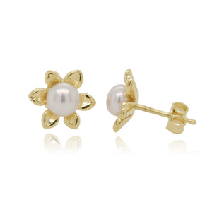 9ct Yellow Gold Flower Cultured Pearl Stud Earrings