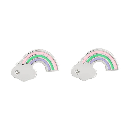 Sterling Silver Cute Enamel Rainbow & Diamond Stud Earrings