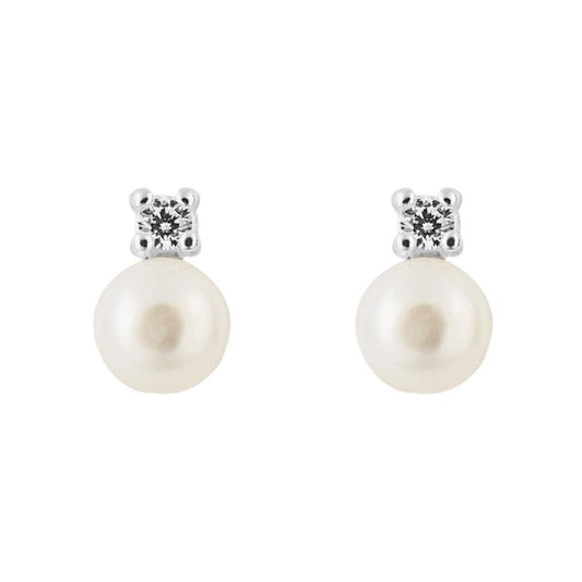 Sterling Silver Pearl & Brilliant Round CZ Stud Earrings