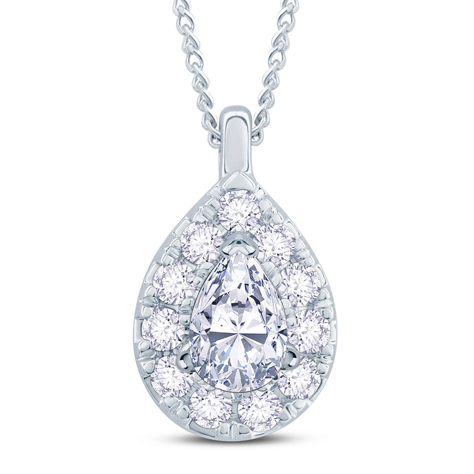 18ct White Gold Pear & Halo Diamond Necklace 0.70ct