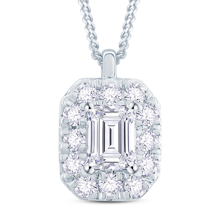 18ct White Gold Emerald & Halo Diamond Necklace 0.50ct