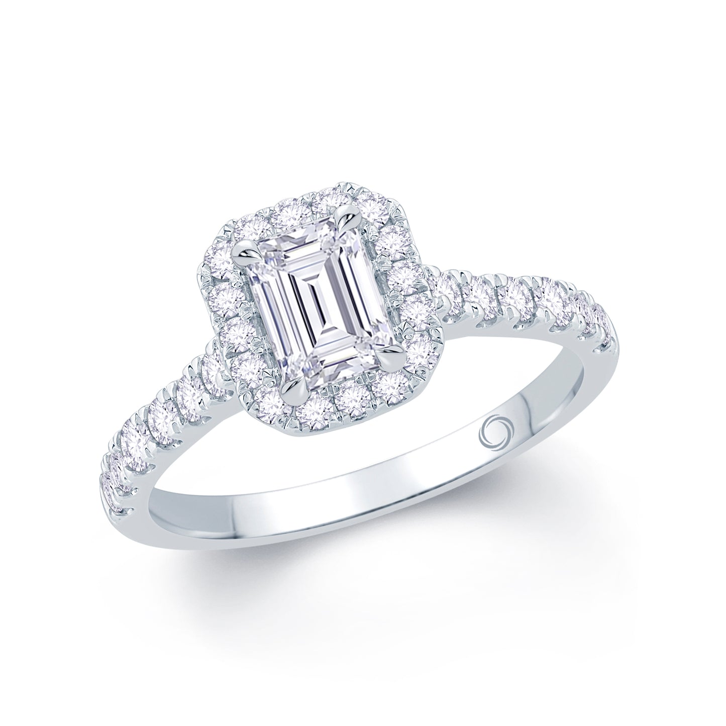 Platinum Emerald, Halo & Shoulder Set Diamond Ring 0.85ct