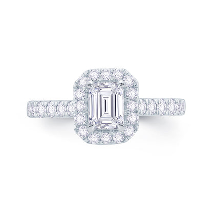 Platinum Emerald, Halo & Shoulder Set Diamond Ring 0.85ct