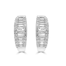 Load image into Gallery viewer, 18ct White Gold Three Row Baguette &amp; Round Diamond Huggy Hoop Earrings, 0.60ct