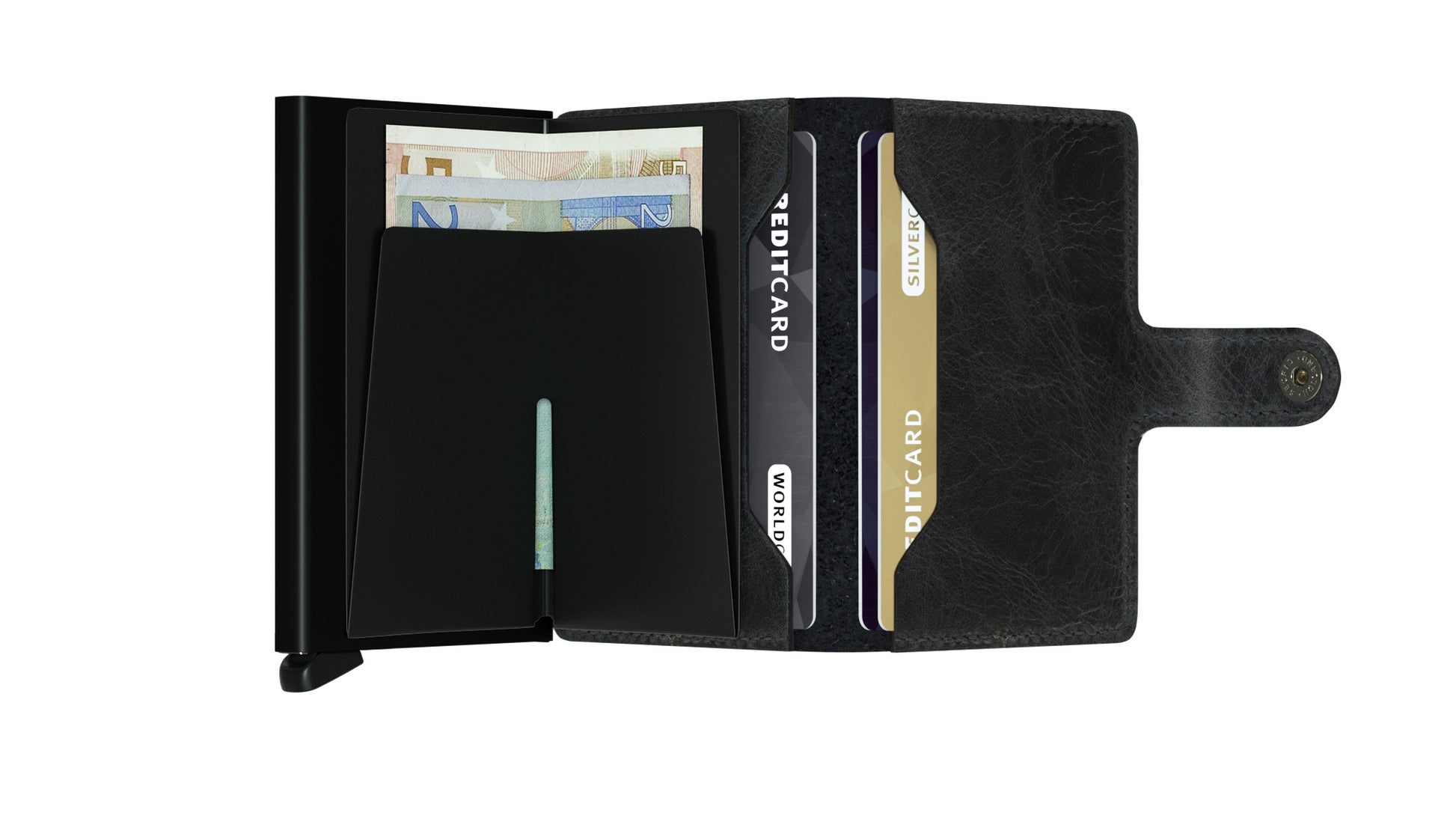 SECRID Black Vintage Mini Wallet open with additional card slots and money holder