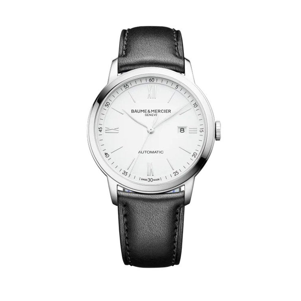 Baume & Mercier 42mm Auto Classima White & Date Dial Leather Watch