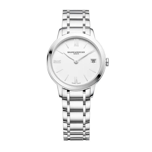 Baume & Mercier 31mm Classima White Date Dial Steel Link Watch