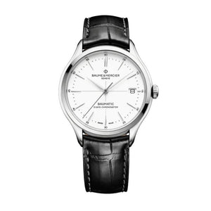 Baume & Mercier 40mm Auto Clifton White & Date Dial Leather Watch