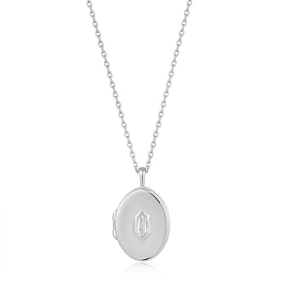 Ania Haie Rhodium Plated Silver Sparkle Emblem Locket Necklace