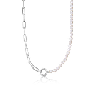 Ania Haie Rhodium Plated Silver Chunky Link & Pearl Necklace