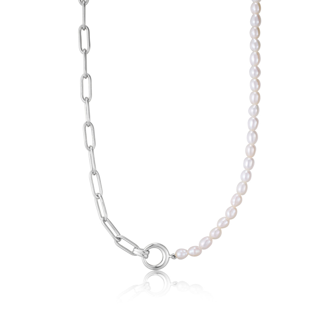 Ania Haie Rhodium Plated Silver Chunky Link & Pearl Necklace