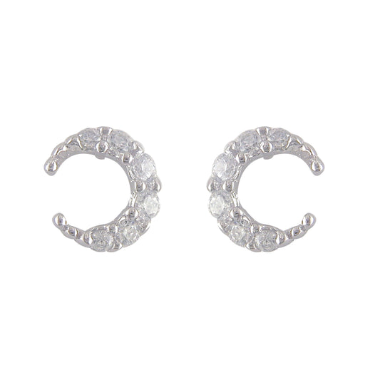Sterling Silver Crescent Moon CZ Set Stud Earrings