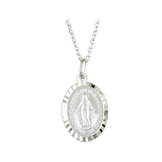 Sterling Silver Miraculous Mary Diamond Cut Pendant Necklace