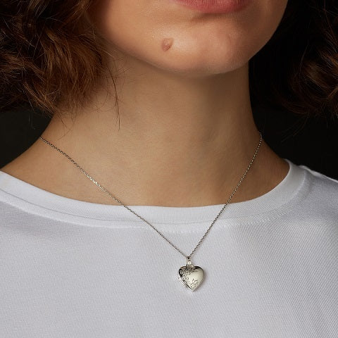 Sterling Silver Heart Shaped & Engraved Locket Necklace