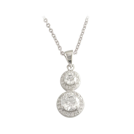 Sterling Silver Round & Halo Drop CZ Necklace