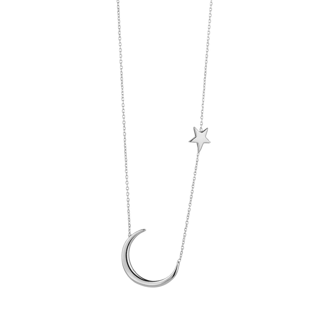 9ct White Gold Moon & Star Necklace