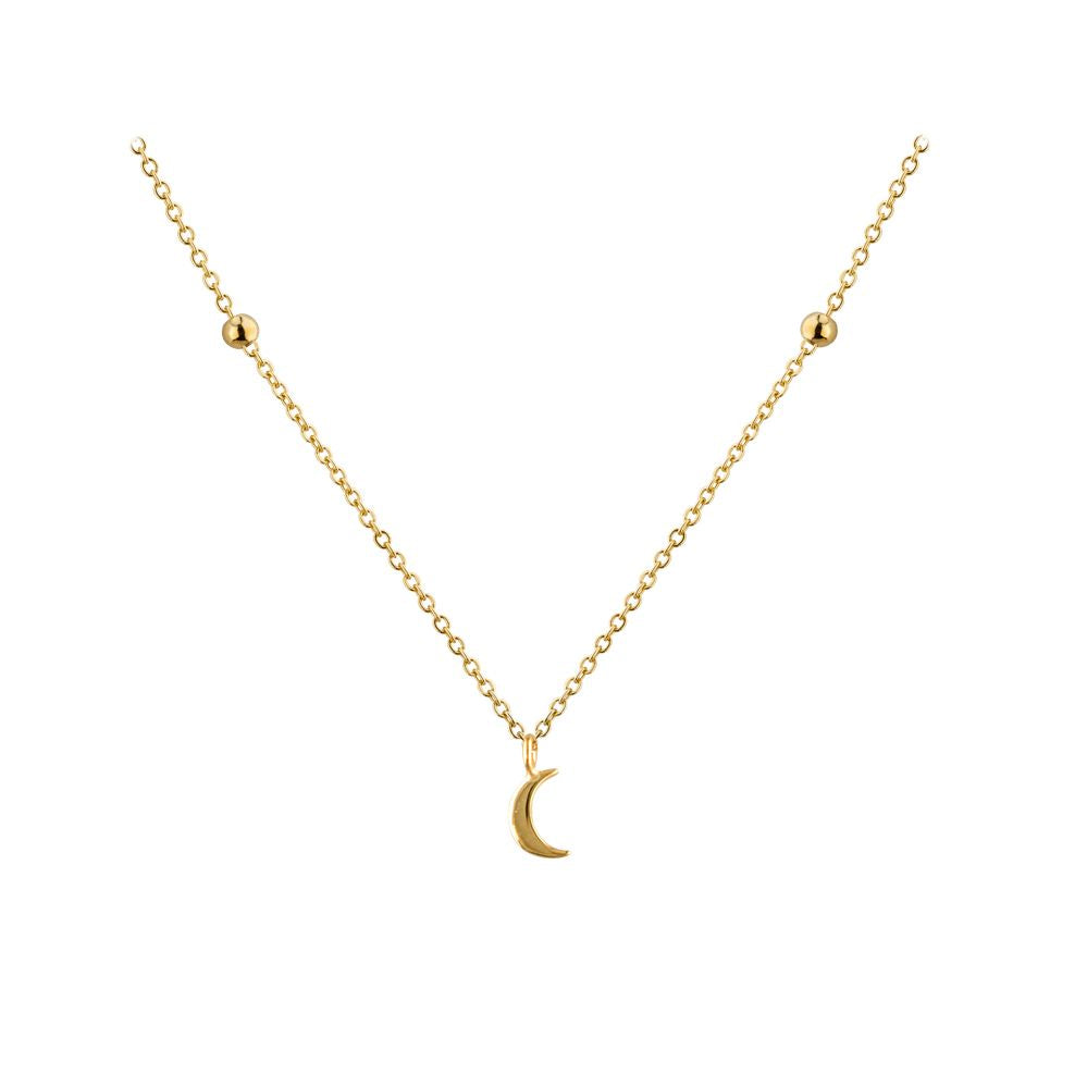 9ct Yellow Gold Crescent Moon & Bead Necklace