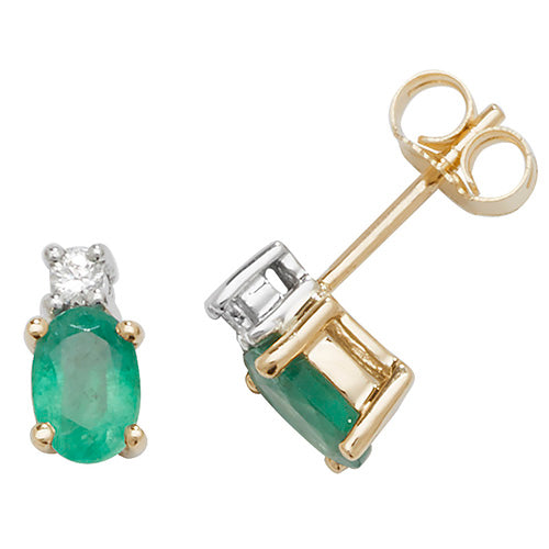 9ct Yellow Gold Oval Emerald & Round Brilliant Diamond Studs