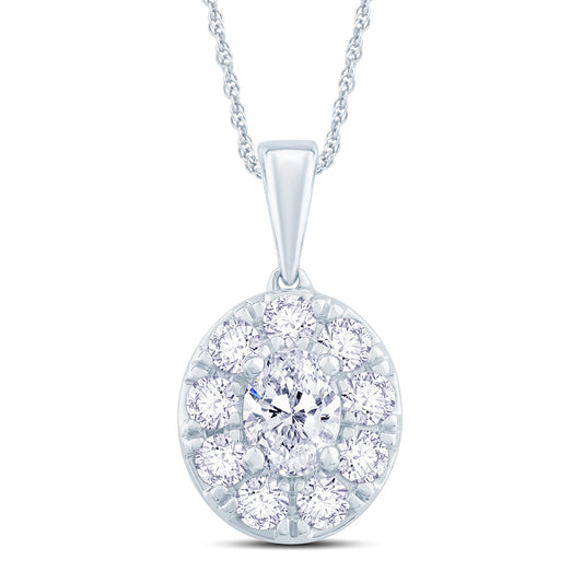 18ct White Gold Oval & Halo Diamond Necklace, 1.00ct
