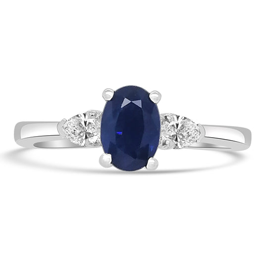 Platinum Oval Sapphire & Pear Diamond Three Stone Ring