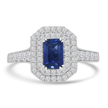 Load image into Gallery viewer, 18ct White Gold Emerald Cut Sapphire Double Diamond Halo