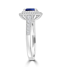 Load image into Gallery viewer, 18ct White Gold Emerald Cut Sapphire Double Diamond Halo