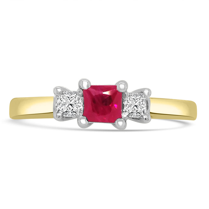 18ct Yellow Gold Princess Ruby & Diamond Three Stone Ring