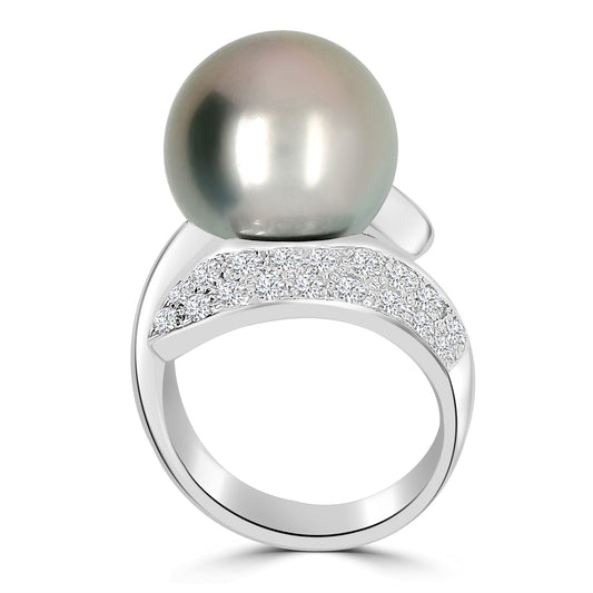 18ct White Gold 14mm Tahitian Pearl & Diamond Set Ring, 1.07ct