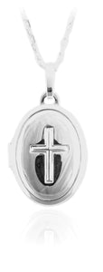 Sterling Silver Oval & Engraved Cross Locket Necklace