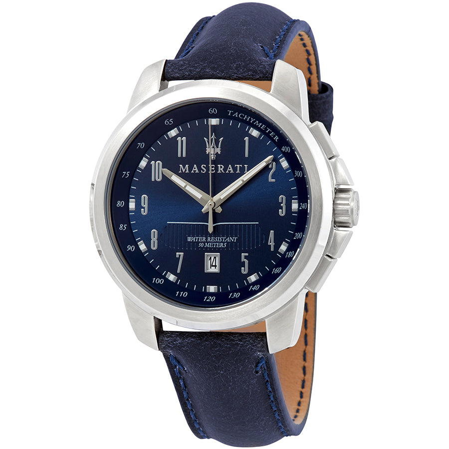 Maserati 44mm Successo Leather Strapped Blue Dial Watch front view