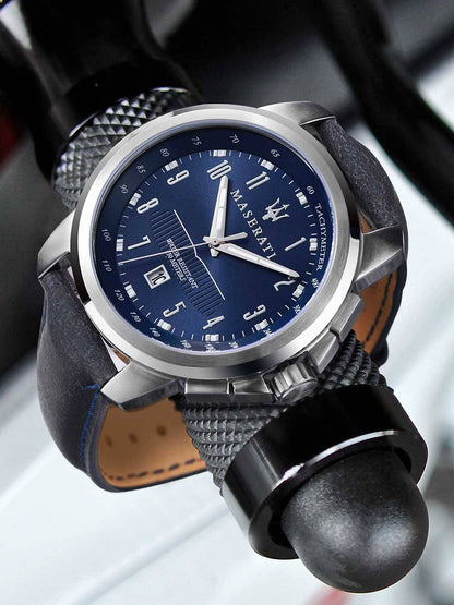 Maserati 44mm Successo Leather Strapped Blue Dial Watch lifestyle view