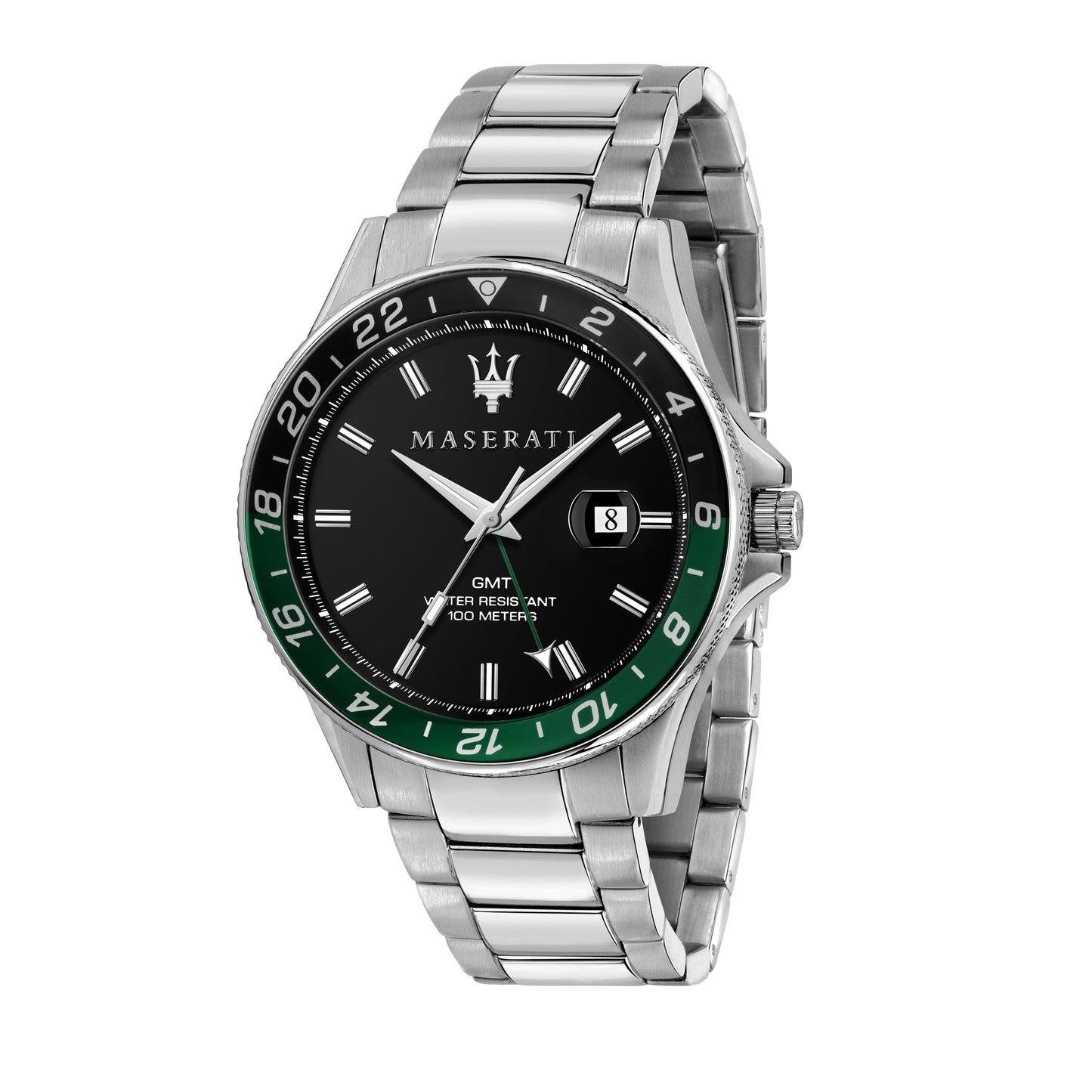 An image of Maserati 44mm Sfida Black & Green Date Window Steel Link Watch