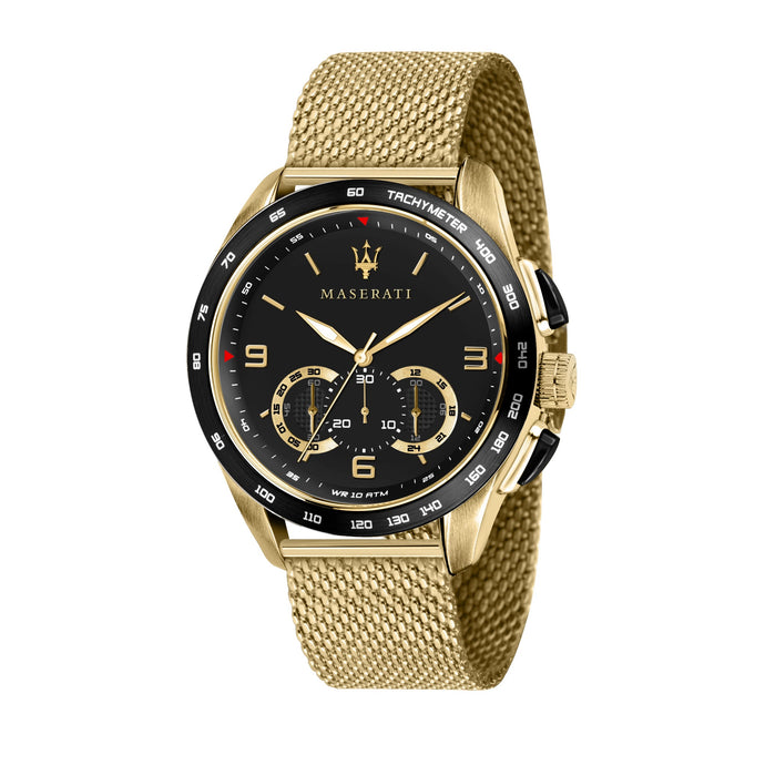 Maserati 45mm Traguardo Black Chronograph Gold Tone Mesh Watch