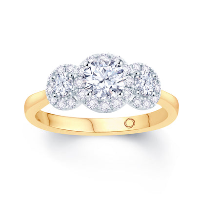 18ct Yellow Gold Brilliant Round & Halo Three Stone Diamond Ring 0.89ct