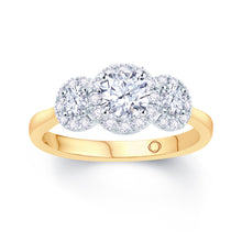 Load image into Gallery viewer, 18ct Yellow Gold Brilliant Round &amp; Halo Three Stone Diamond Ring 0.89ct