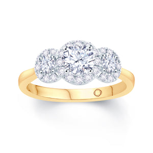 18ct Yellow Gold Brilliant Round & Halo Three Stone Diamond Ring 0.89ct